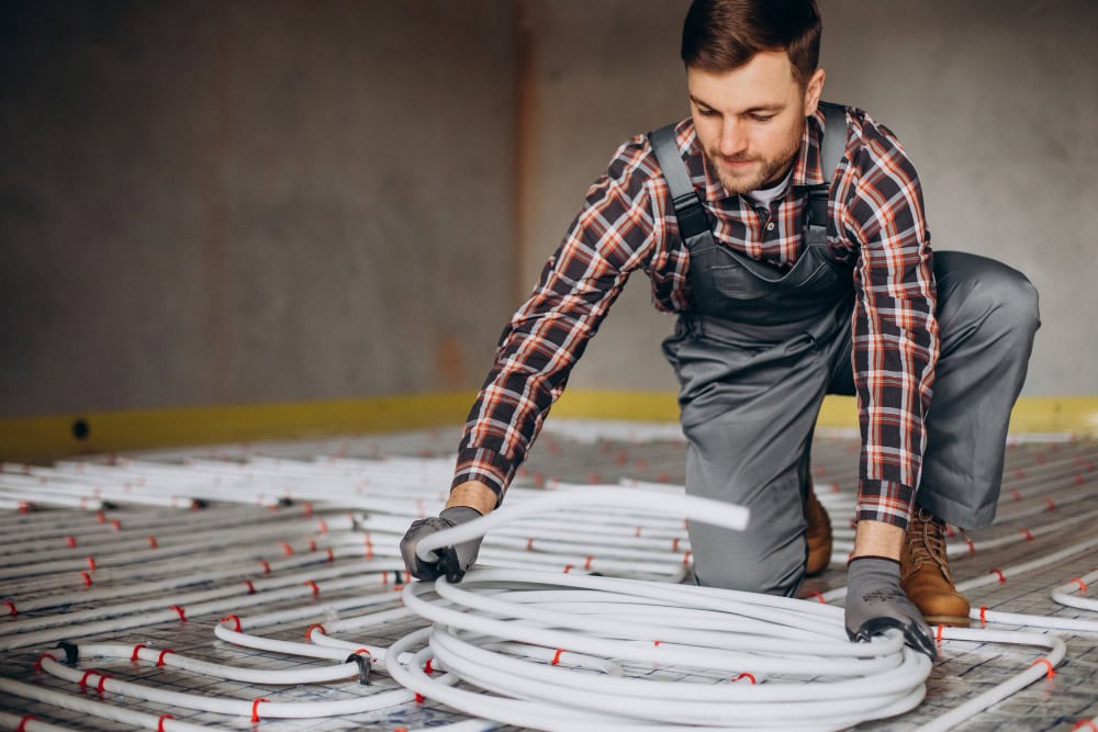 Service man installing underfloor heating system